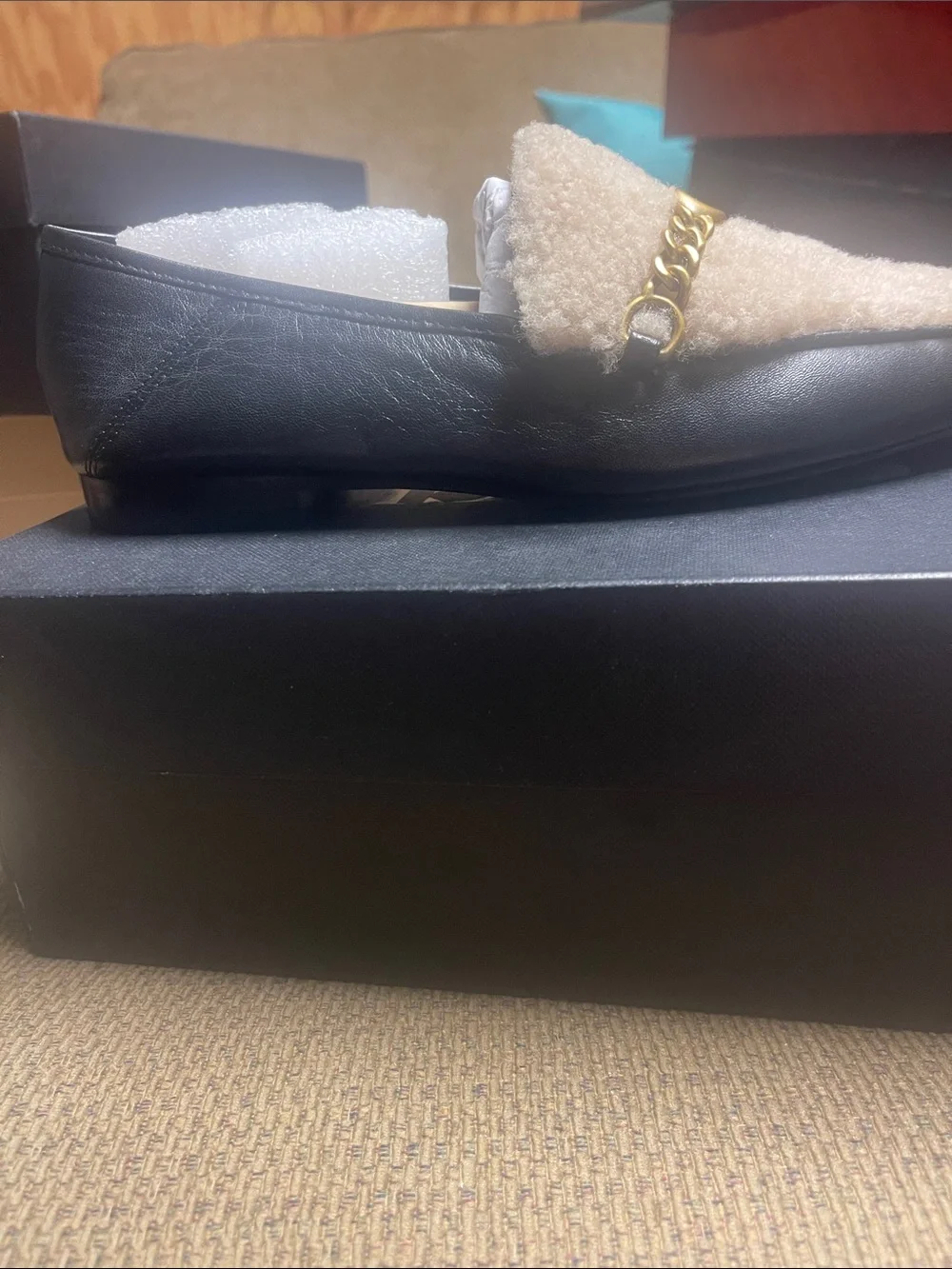 Coach Loafer   Black Leather Loafers with Cream Shearling Trim